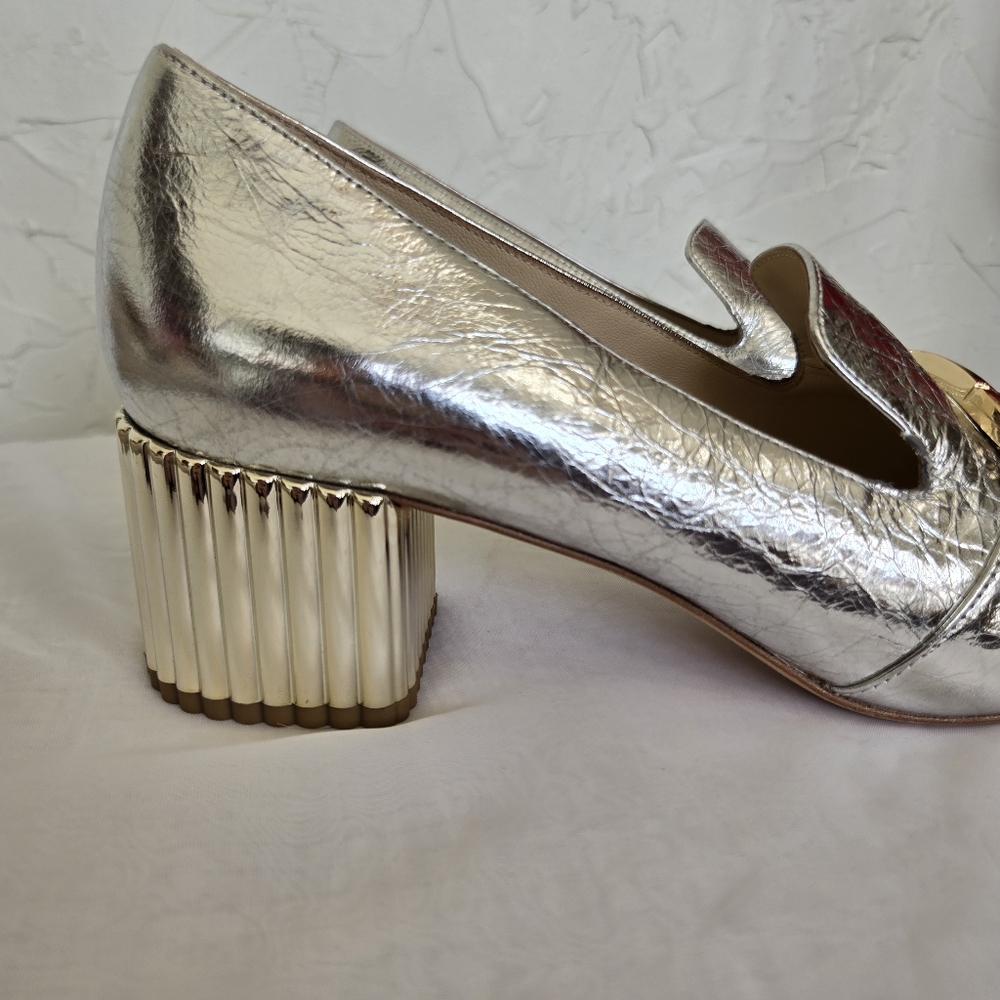 Silver Block Heel Loafers - Picture 8 of 13